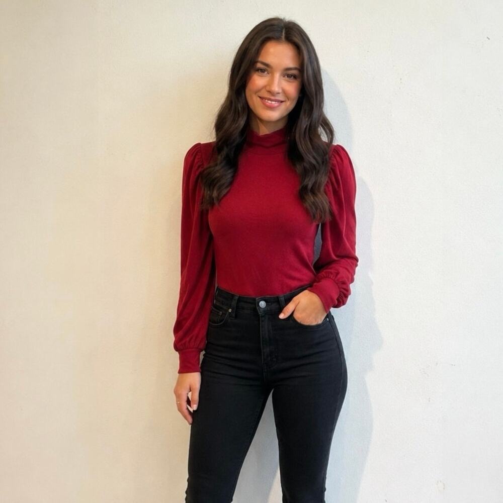 MADEWELL Maroon Red Long Sleeve Mock Neck Puff Sleeve Bodysuit size Small